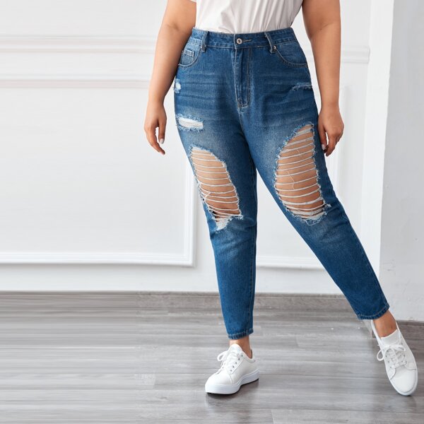 

Plus Curvy High-Waisted Non-Stretch Ripped Skinny Jeans, Medium wash