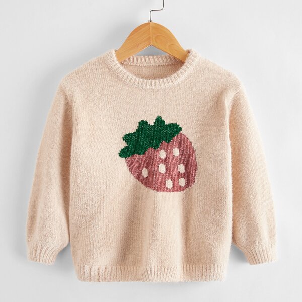 

Toddler Girls Strawberry Pattern Rib-knit Neck Sweater, Apricot