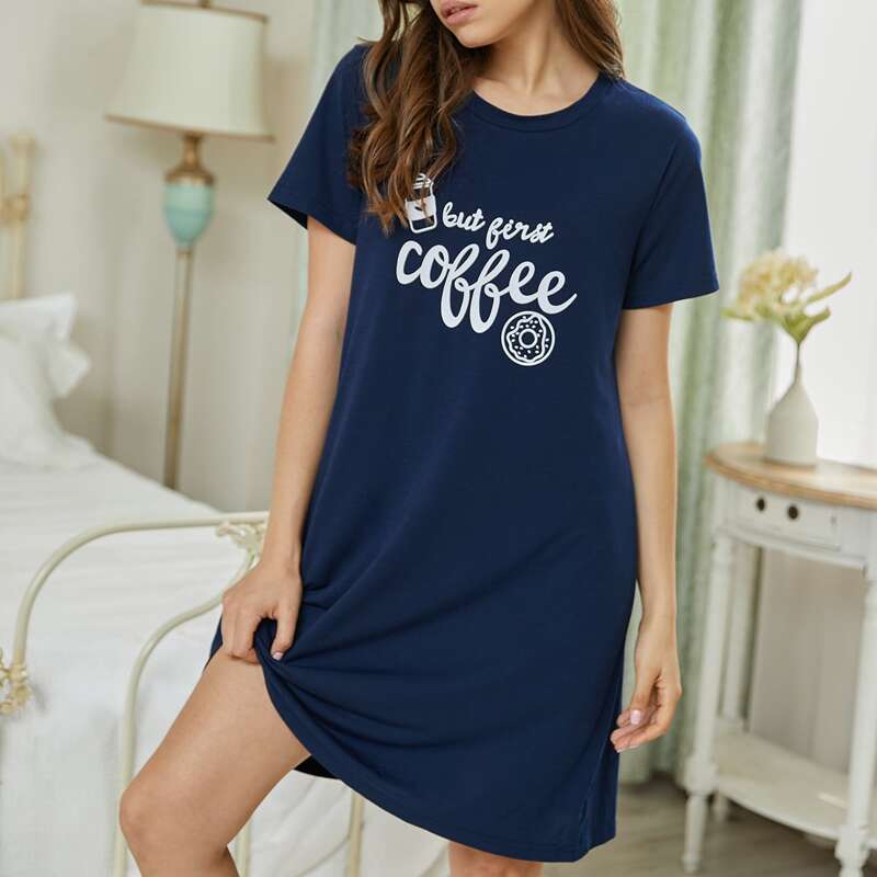 

Cartoon And Slogan Graphic Night Dress, Navy blue