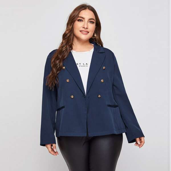 

Plus Lapel Neck Double Button Blazer, Navy blue