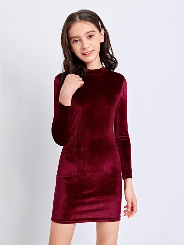 SHEIN Girls Solid Velvet Fitted Dress SHEIN USA