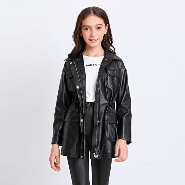 

Girls Drawstring Waist Flap Pocket PU Coat, Black