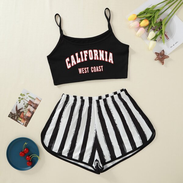 

Letter & Stripe Cami PJ Set, Black and white