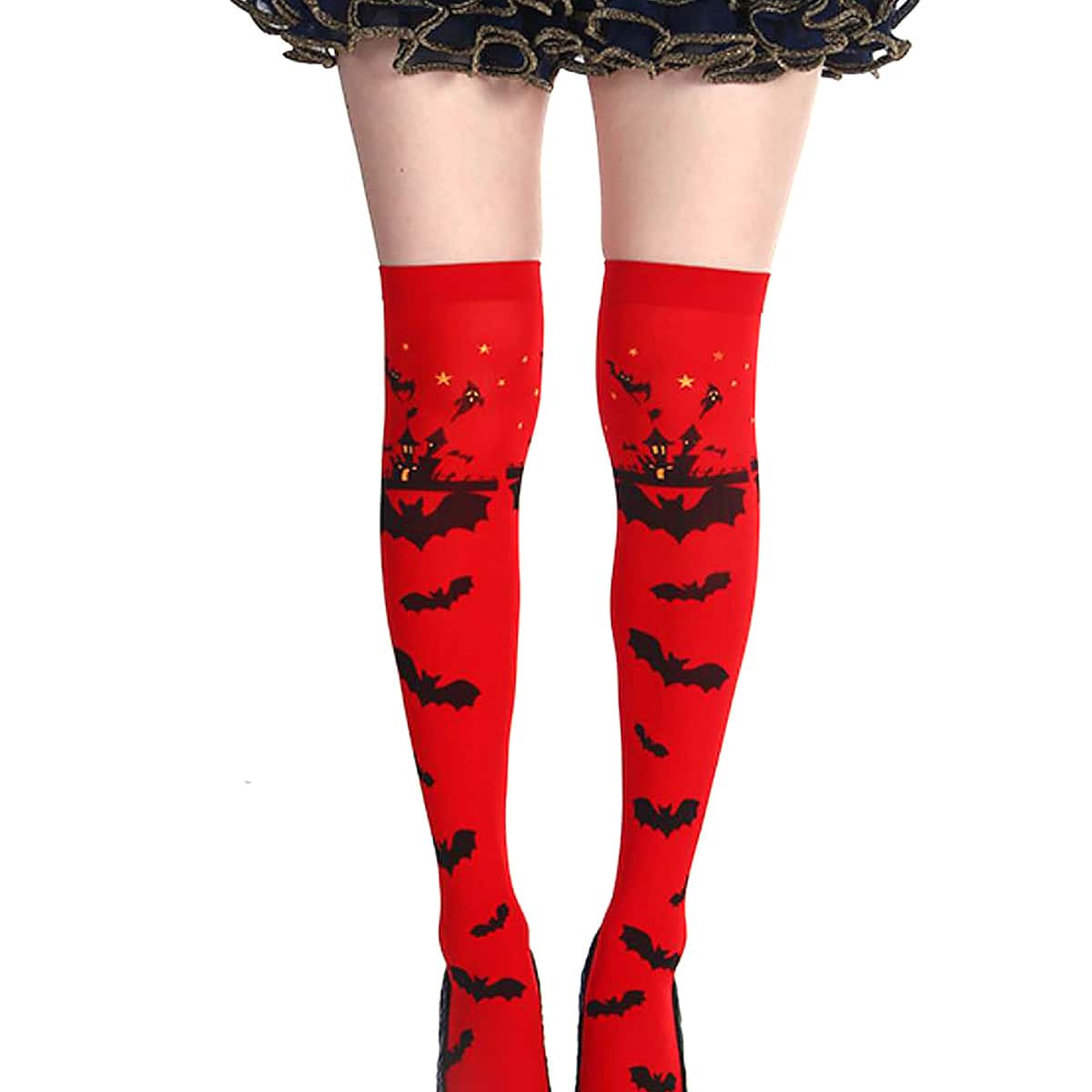 

Halloween Bat Print Overknee Length Socks, Red