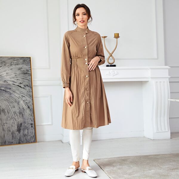 

Frill Trim Elastic Waist Button Up Coat, Camel