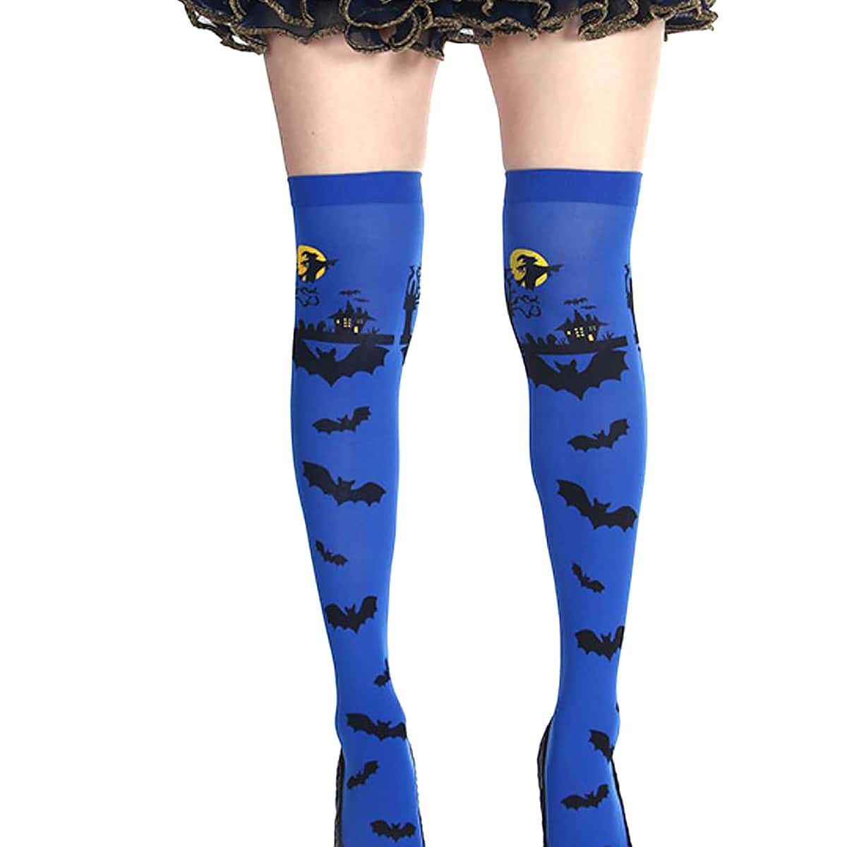 

Halloween Bat Print Overknee Length Socks, Blue