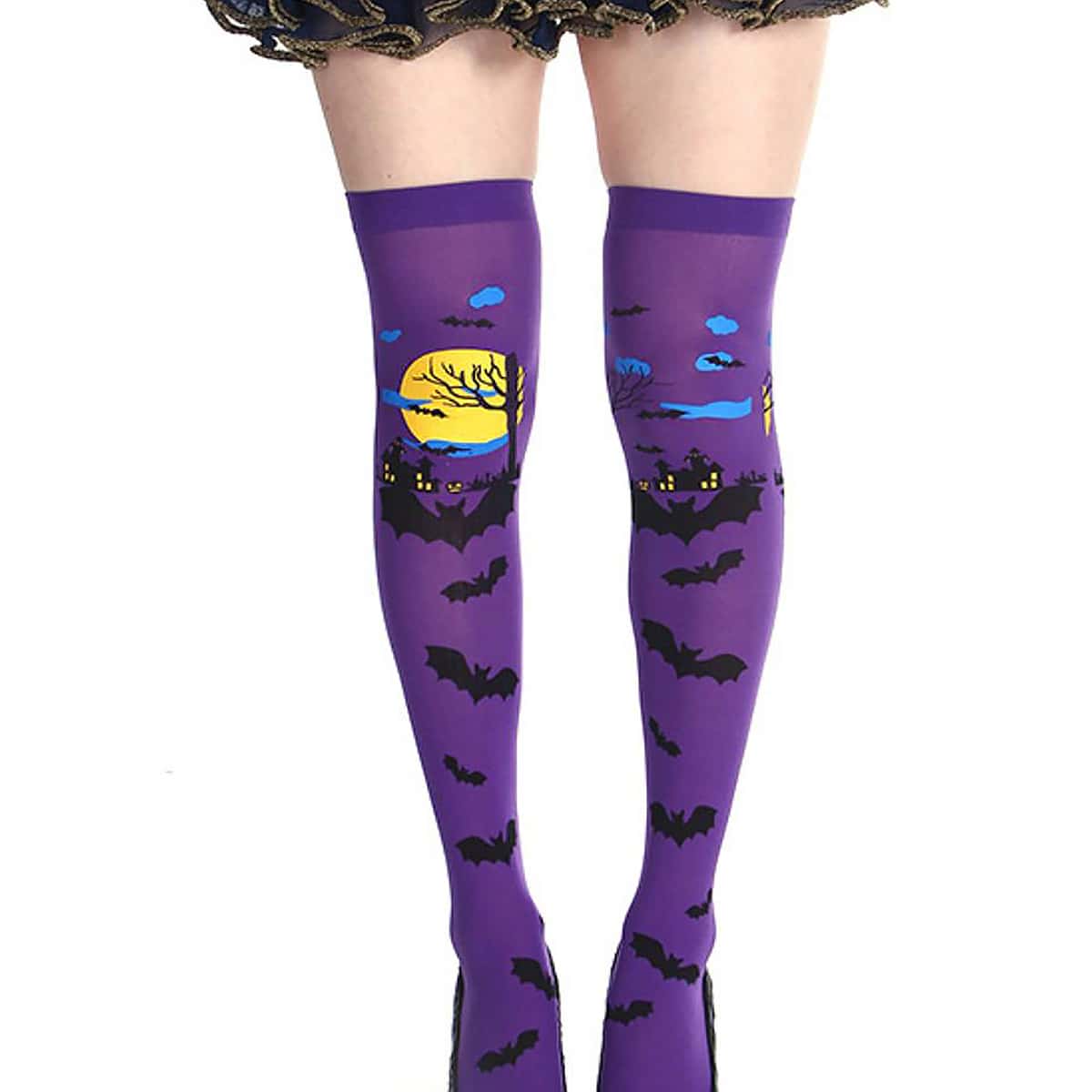 

Halloween Bat Print Overknee Length Socks, Purple