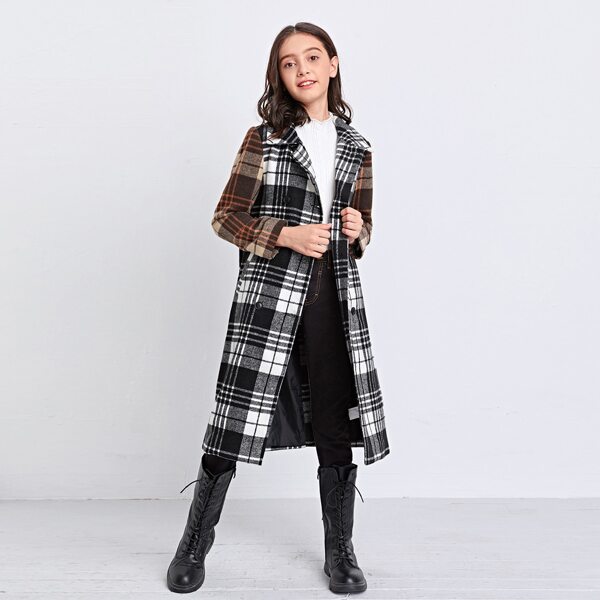 

Girls Tartan Double Breasted Pea Coat, Black and white