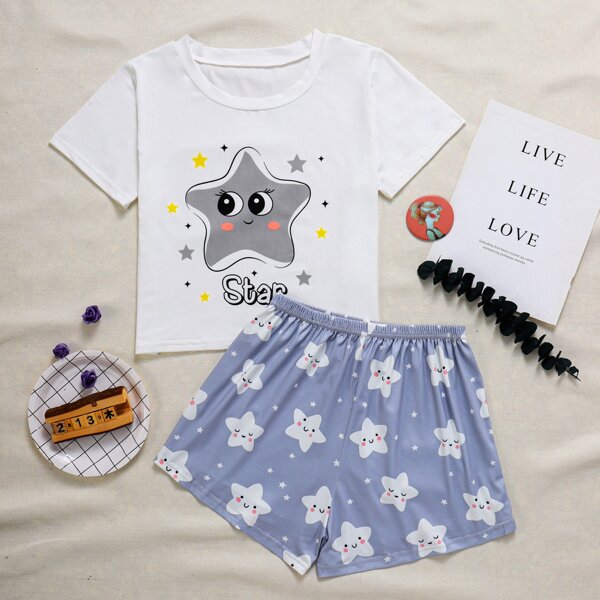 

Cartoon Star And Letter Graphic Pajama Set, Blue and white