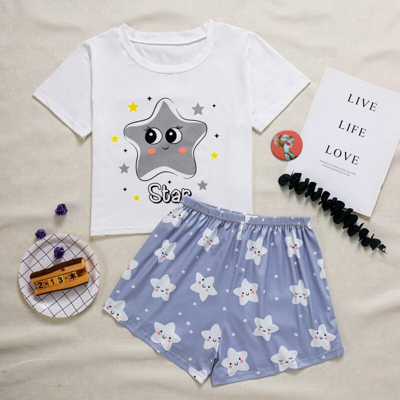 

Cartoon Star And Letter Graphic Pajama Set, Blue and white