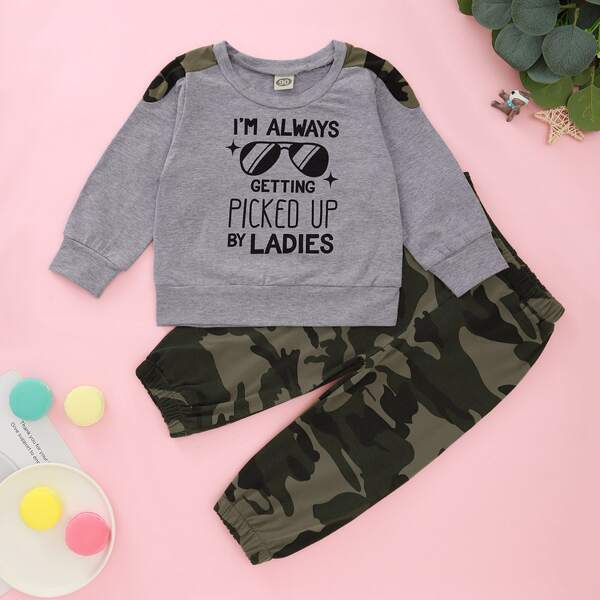 

Toddler Boys Slogan And Camo Print Sweatshirt & Pants, Multicolor