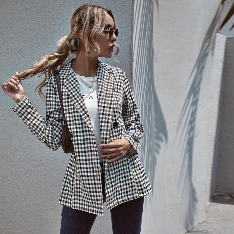 

Plaid Lapel Neck Double Button Blazer, Multicolor