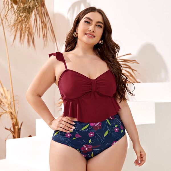 

Plus Floral & Leaf Print Ruffle Hem Bikini Swimsuit, Multicolor
