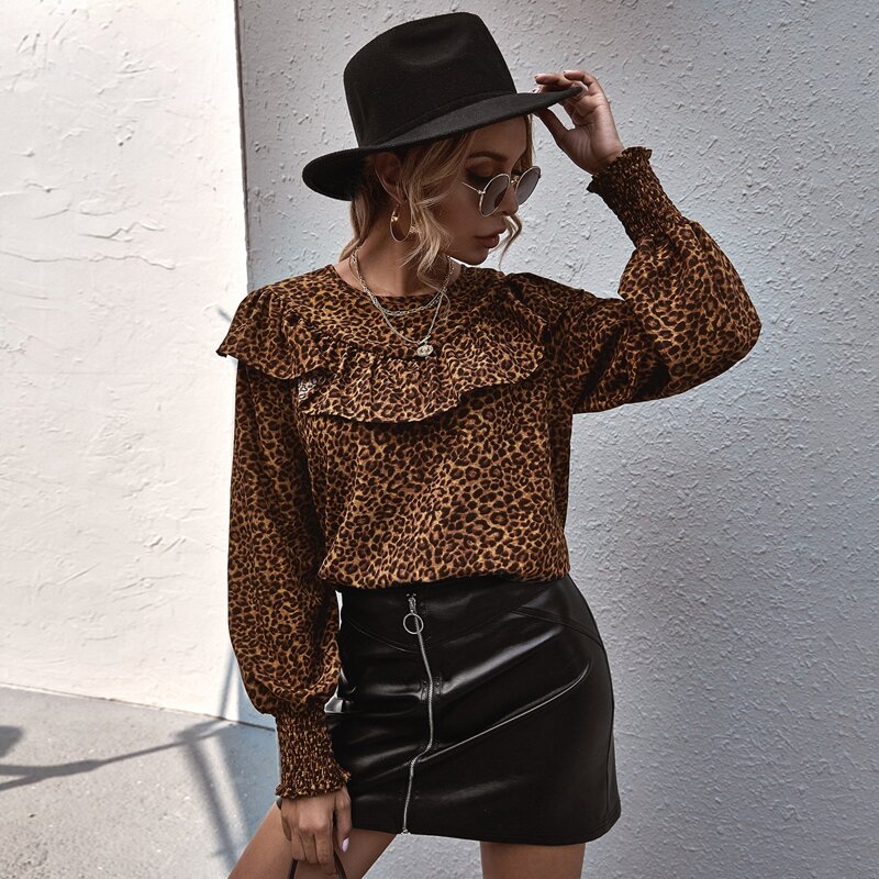 

Leopard Print Ruffle Trim Shirred Cuff Blouse, Multicolor