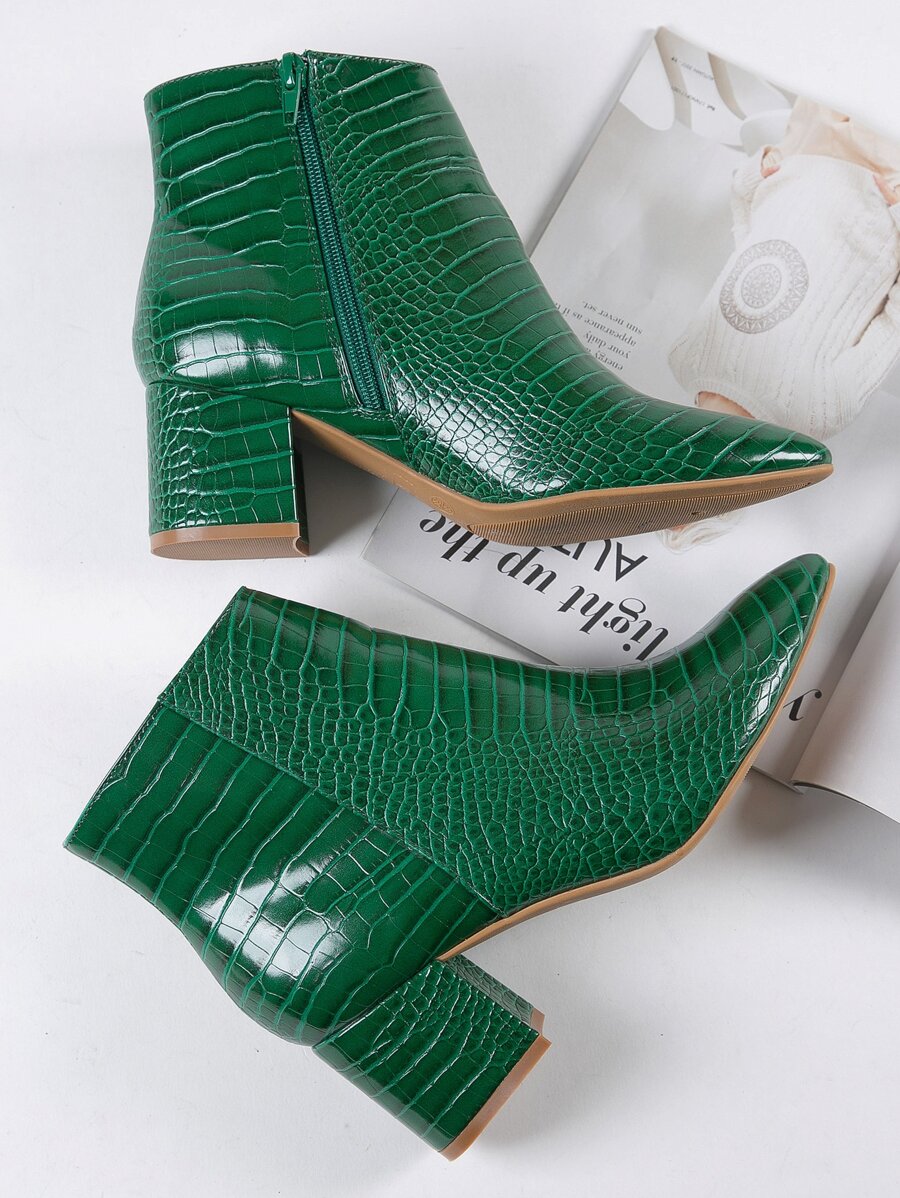 Faux Crocodile Leather Ankle Booties - Green - View 1