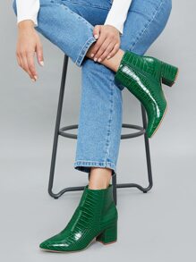 Faux Crocodile Leather Ankle Booties - Green - View 2