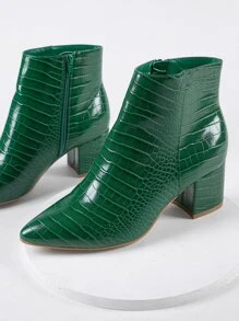 Faux Crocodile Leather Ankle Booties - Green - View 4