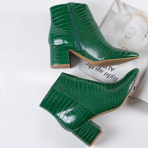 

Faux Croc Leather Ankle Booties, Green