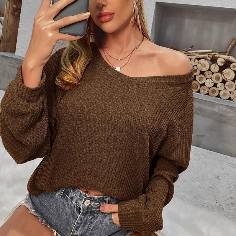 

V-neck Drop Shoulder Tee, Coffee brown