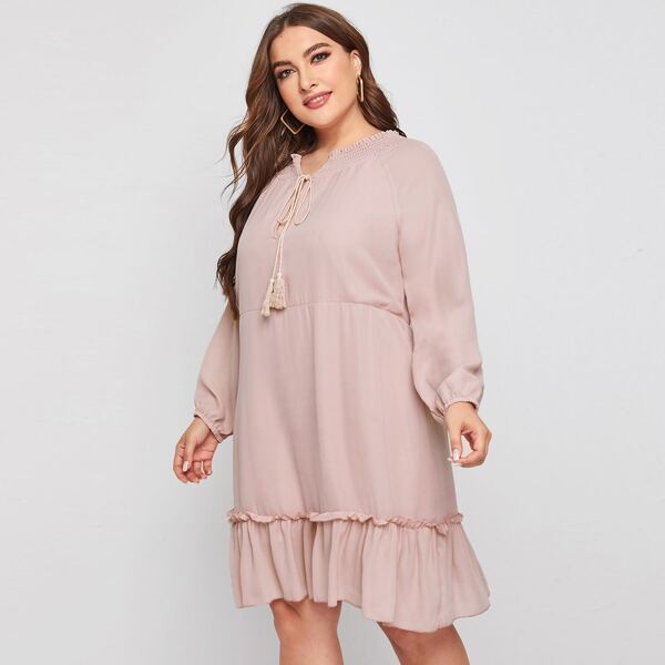 

Plus Shirred Tassel Knot Ruffle Hem Chiffon Smock Dress, Dusty pink