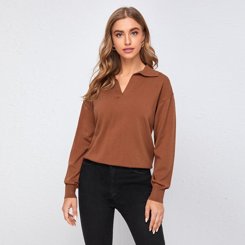 

V-collar Drop Shoulder Solid Sweater, Brown