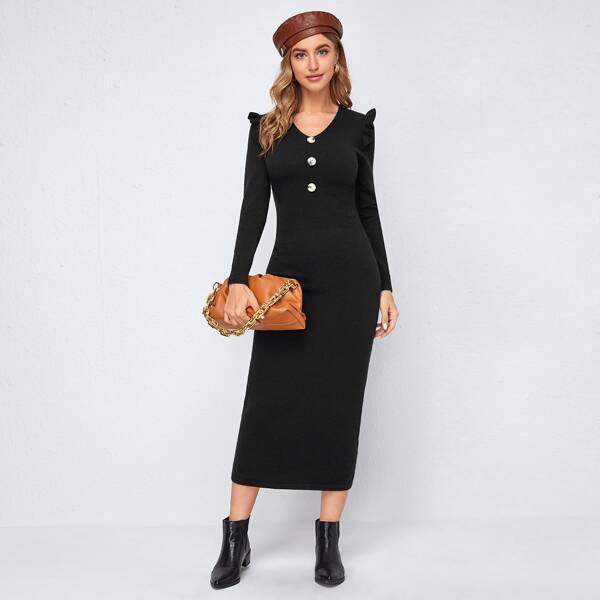 

V-neck Button Front Ruffle Trim Sweater Dress, Black