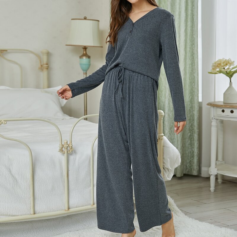 

V-neck Solid Tee & Tie Front Pants Lounge Set, Dark grey