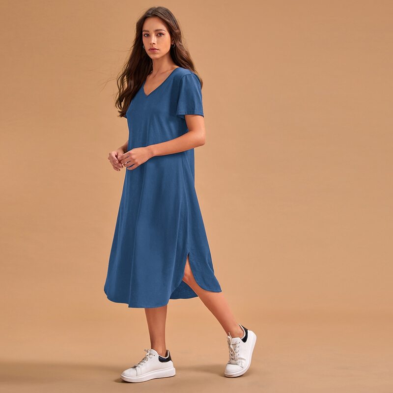 

V Neck Split Hem Lounge Dress, Navy blue