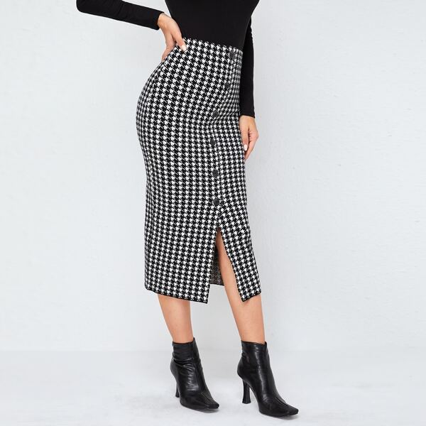 

Button Up Houndstooth Knit Skirt, Black and white