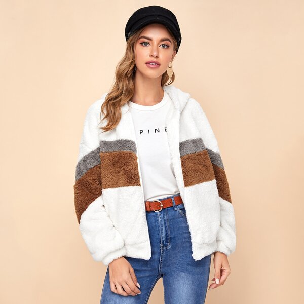 

Zipper Front Colorblock Teddy Jacket, White