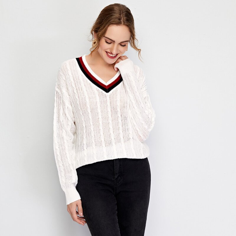 

Striped Neck Cable Knit Sweater, White