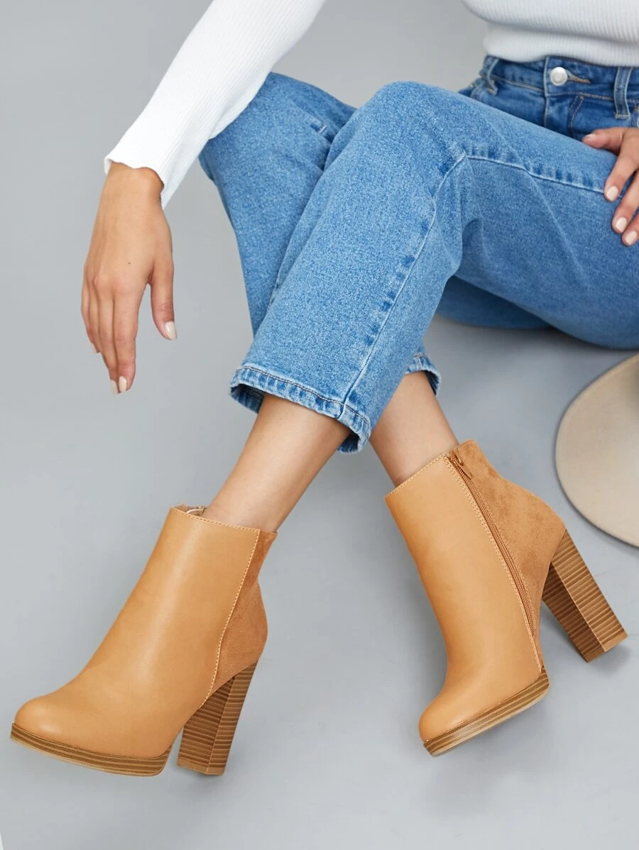 紋理防水台踝靴 - 駝色 - 查看 1