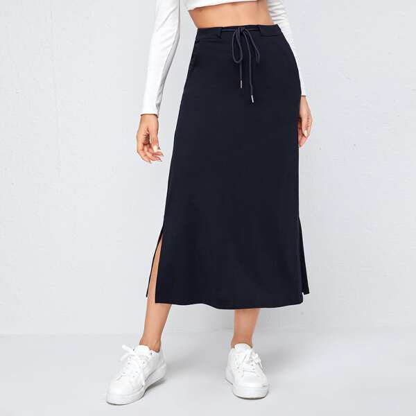 

Drawstring Waist Split Hem Skirt, Navy blue