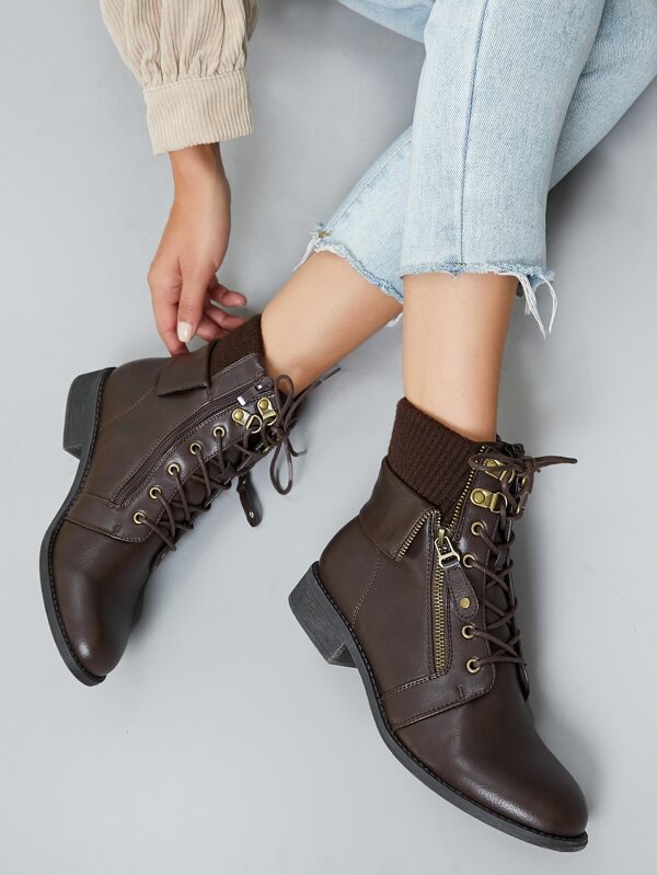 knit collar lace up boots