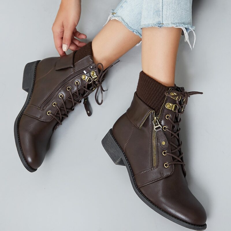 

Rib Knit Collar Lace Up Flat Hiking Boots, Chocolate brown
