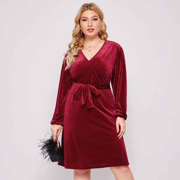 

Plus Rib-Knit Wrap Belted Velvet A-line Dress, Burgundy
