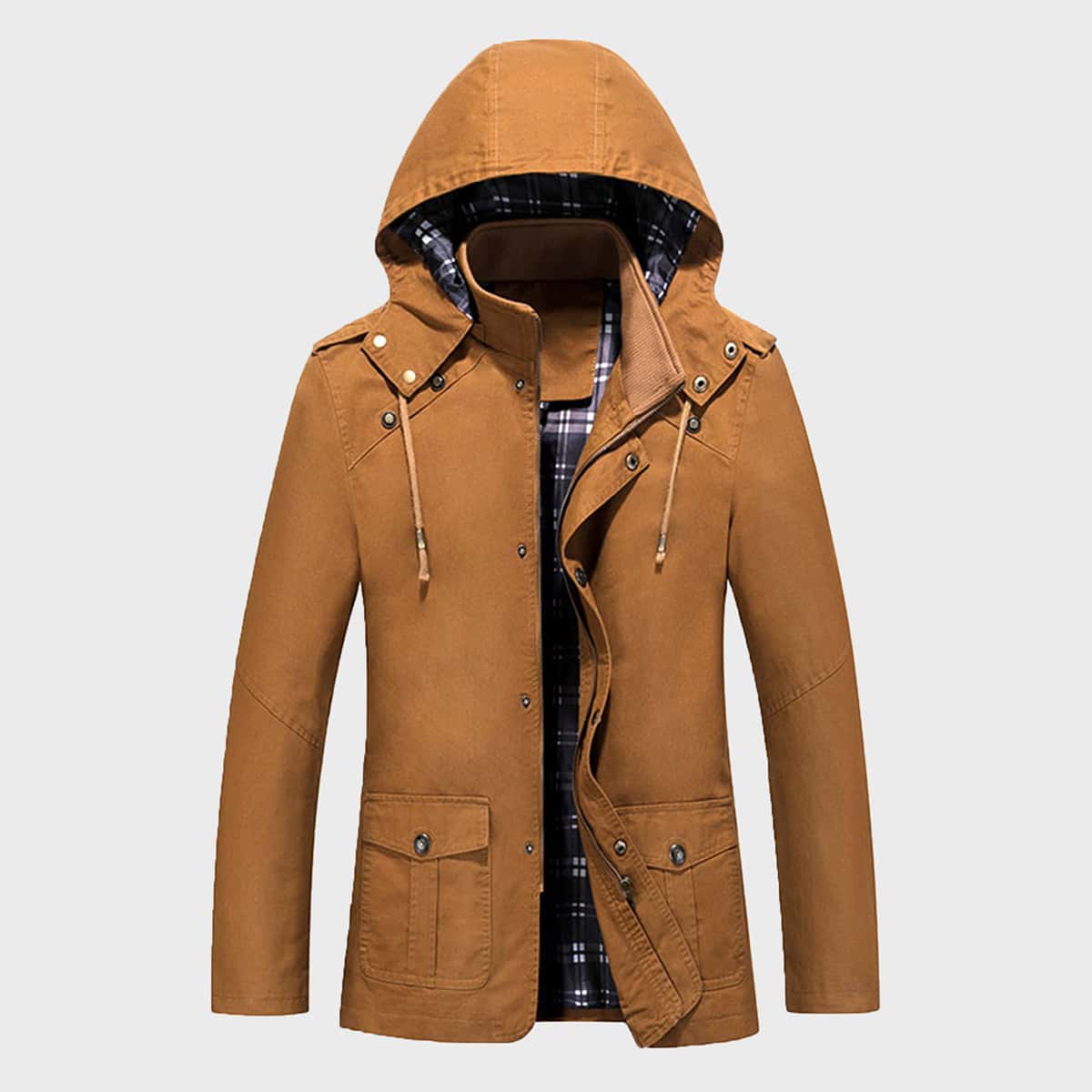 

Guys Flap Pocket Drawstring Hooded Coat, Brown