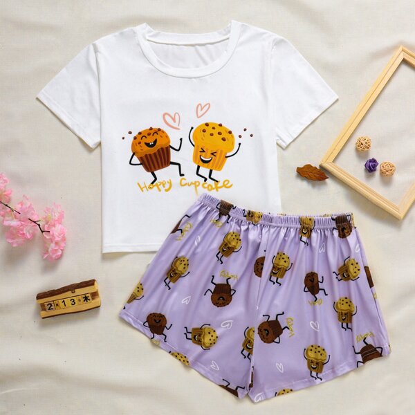 

Cartoon Graphic Tee & Shorts Pajama Set, Multicolor