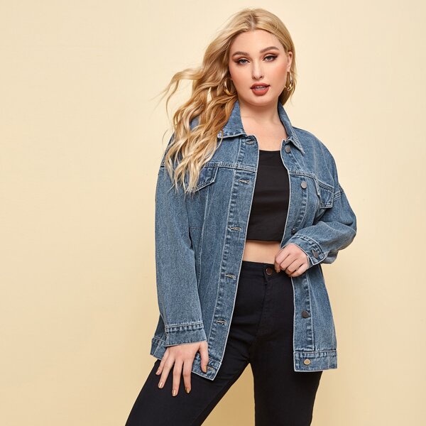 

Plus Button Front Drop Shoulder Denim Jacket, Medium wash