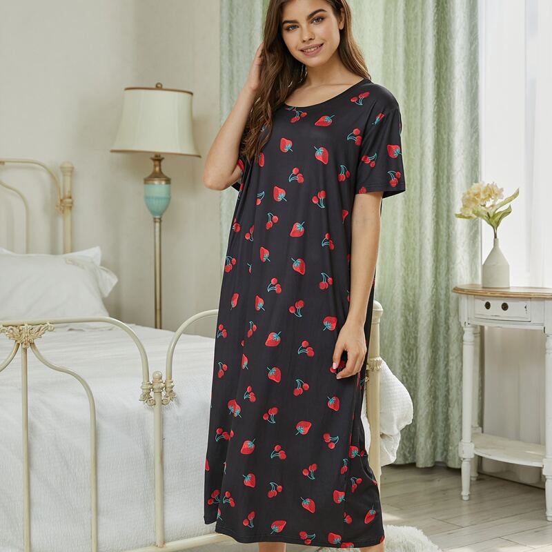 

Cherry & Strawberry Print Night Dress, Black