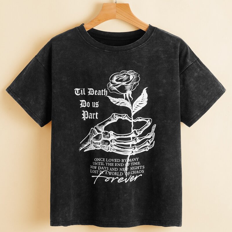 

Slogan & Floral Graphic Tee, Black