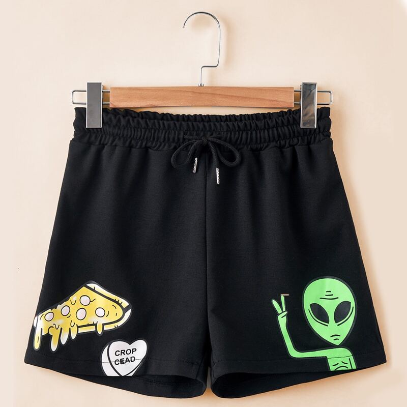 

Alien Graphic Drawstring Shorts, Black