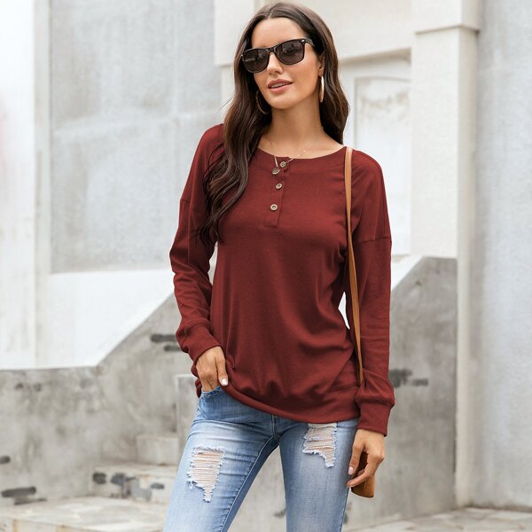 

Button Front Drop Shoulder Sweatshirt, Burgundy