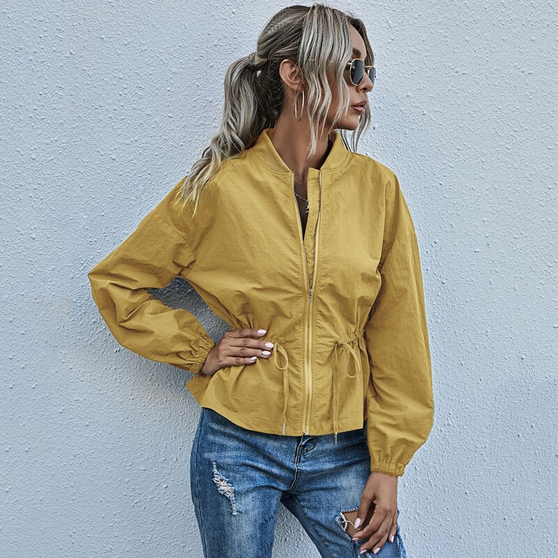 

Zip Up Drawstring Waist Jacket, Mustard yellow