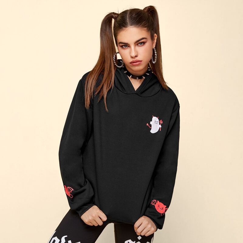 

Halloween Cartoon Graphic Hoodie, Black