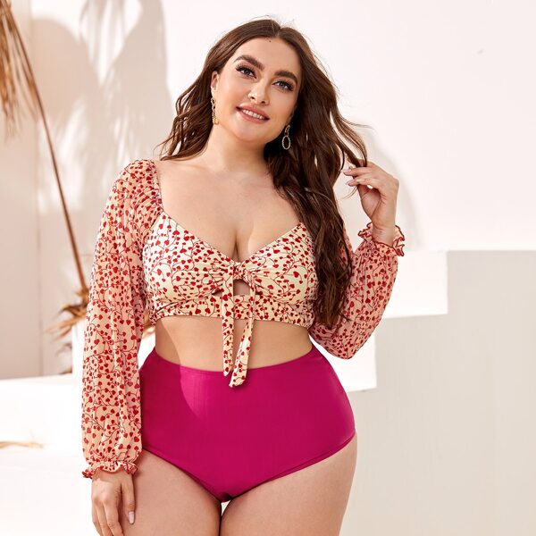 

Plus Heart Print Cut-out Knot Front Bikini Swimsuit, Multicolor