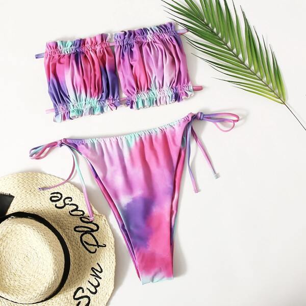 

Plus Tie Dye Frill Bandeau Tie Side Bikini Swimsuit, Multicolor