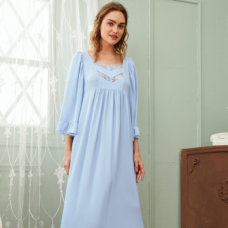 

Lace Detail Ruffle Hem Night Dress, Pastel baby blue