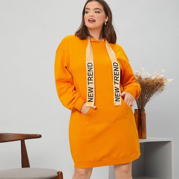 

Plus Drop Shoulder Letter Tape Drawstring Hooded Sweatshirt Dress, Bright orange