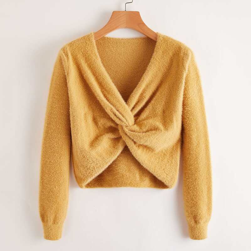 

Twist Front Fluffy Knit Crop Sweater, Mustard yellow